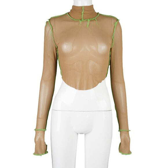 Medium New Mesh Tan Green Long Sleeve Crop Sheer Top Stitch Trim High Neck Y2K - Picture 7 of 9